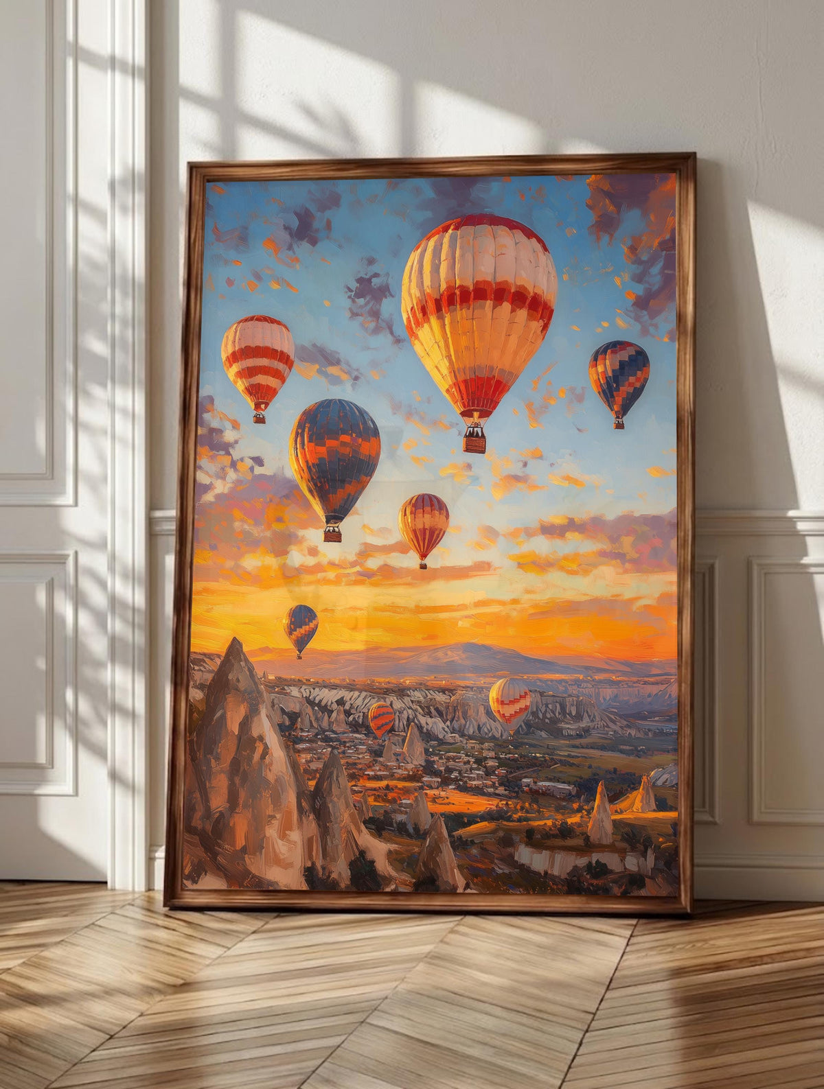 Cappadocia wall art: hot air balloons drifting over the Goreme valley at sunrise, framed canvas