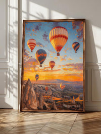 Cappadocia wall art: hot air balloons drifting over the Goreme valley at sunrise, framed canvas