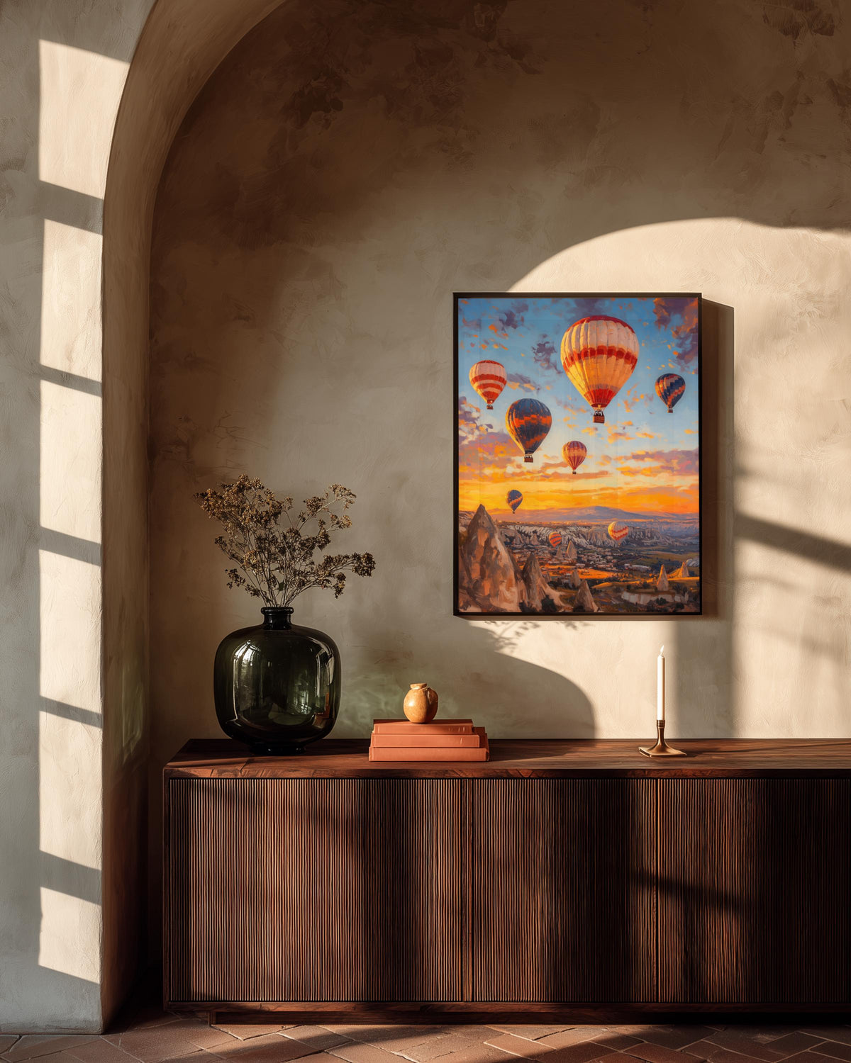 Oil-painting style balloon sunrise printed on cotton canvas, made to order