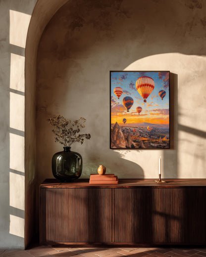 Oil-painting style balloon sunrise printed on cotton canvas, made to order