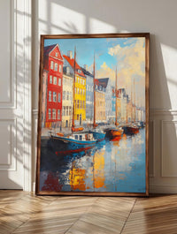Copenhagen wall art: Nyhavn's painted harbour houses and moored boats in afternoon light