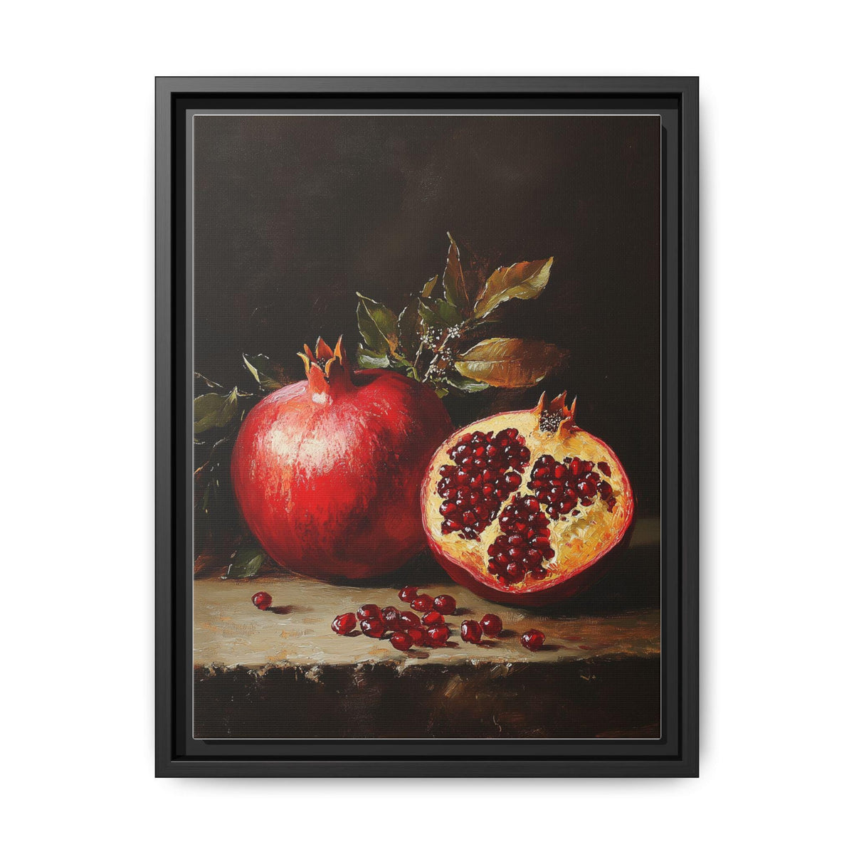Pomegranate wall art framed canvas print in a black wood frame