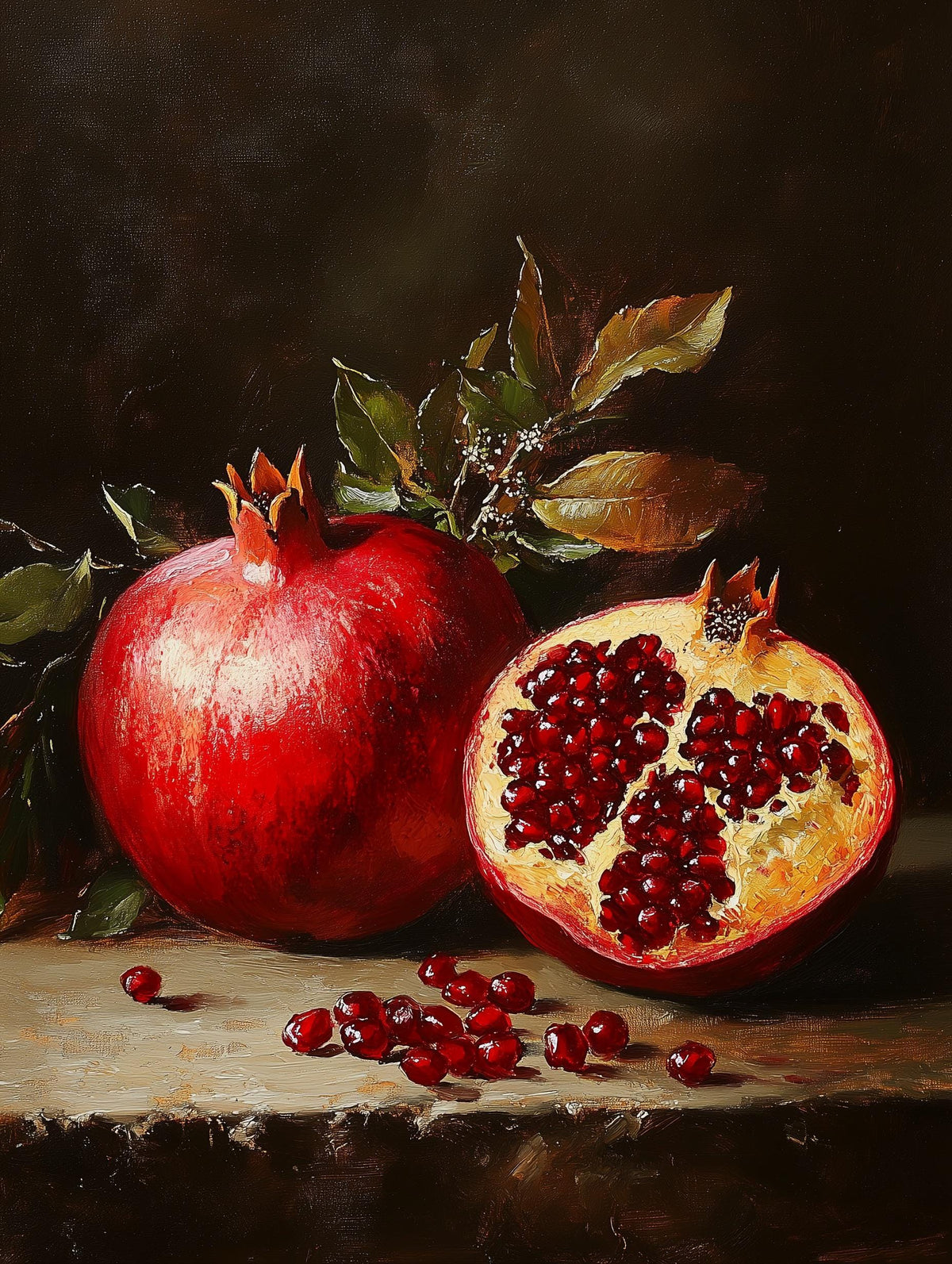 Painterly pomegranate canvas print with crimson seeds catching the light