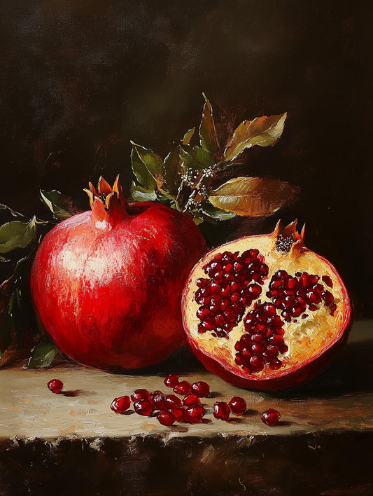 Painterly pomegranate canvas print with crimson seeds catching the light