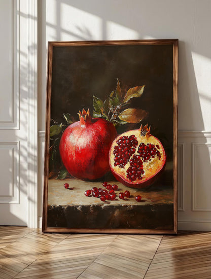Pomegranate wall art: a whole ruby fruit beside a split one heavy with seeds
