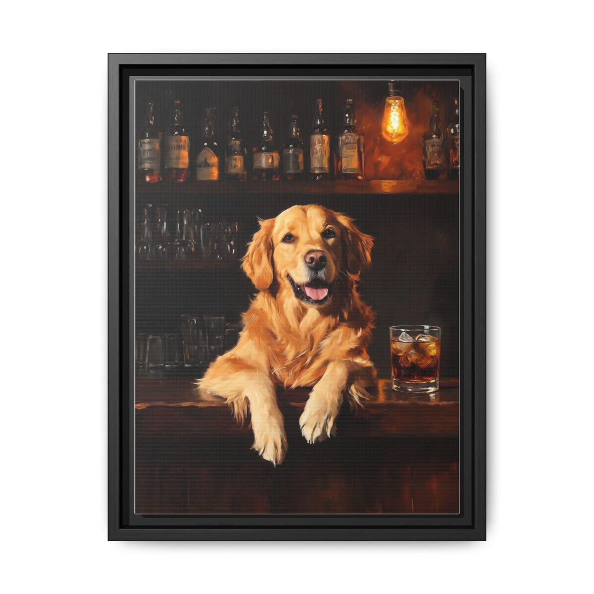 Retriever Whiskey wall art framed canvas print in a black wood frame