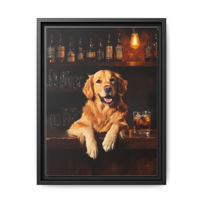 Retriever Whiskey wall art framed canvas print in a black wood frame