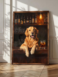 Retriever whiskey wall art: a honey-gold dog on the bar stool with whiskey poured