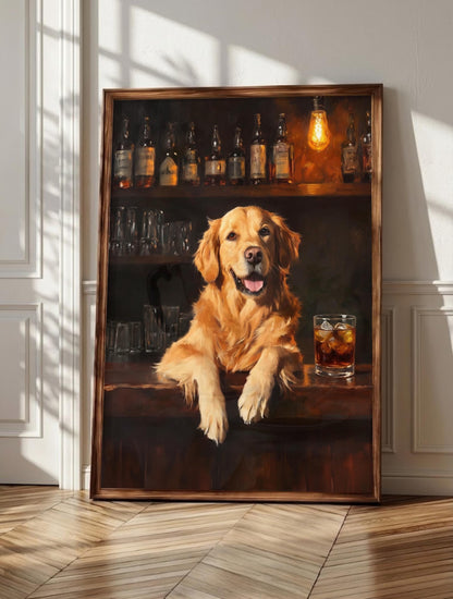 Retriever whiskey wall art: a honey-gold dog on the bar stool with whiskey poured