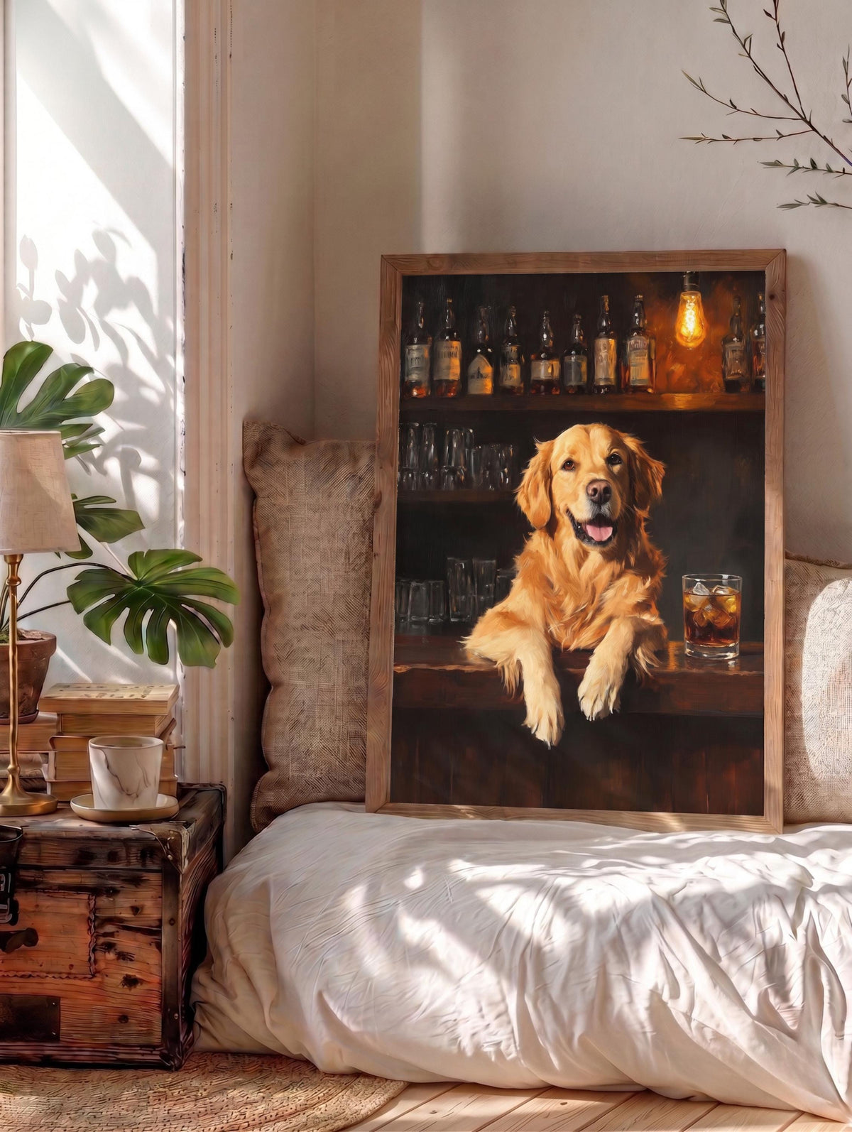 Oil-painting style dog and whiskey scene, made to order and ready to hang