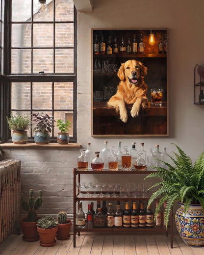 Golden Retriever framed canvas on cotton, hand-framed in solid wood