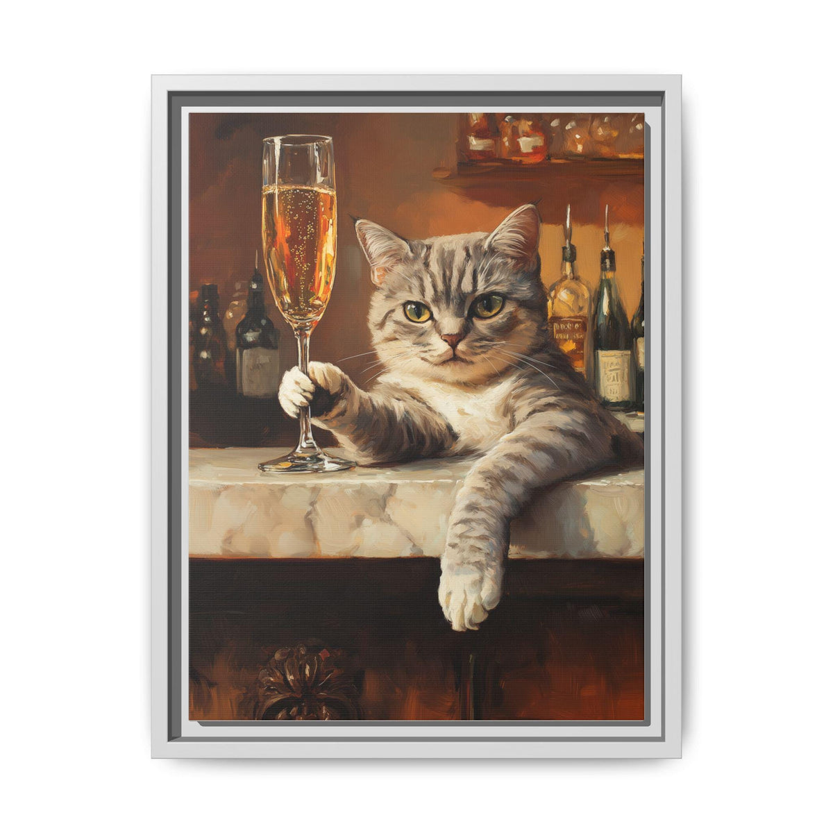 Champagne Cat wall art framed canvas print in a white wood frame