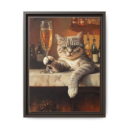 Champagne Cat wall art framed canvas print in an espresso wood frame