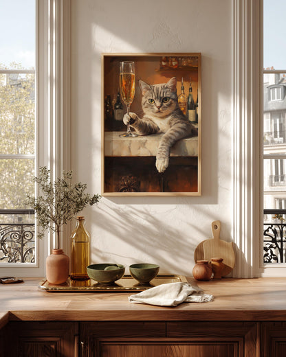 Oil-painting style champagne cat printed on cotton canvas, made to order