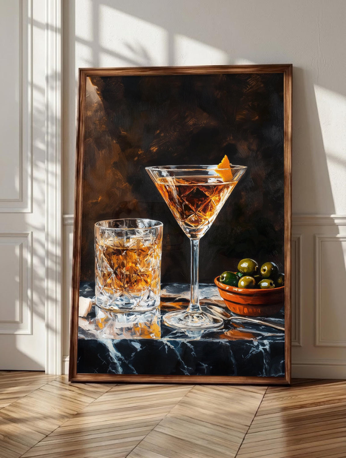 Aperitivo wall art: crystal glassware and amber liqueur in a 1960s Italian bar, framed canvas