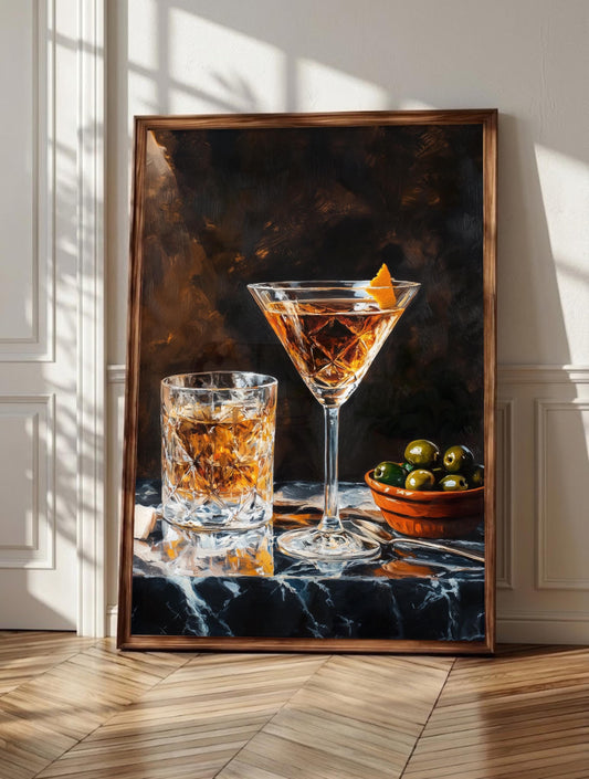 Aperitivo wall art: crystal glassware and amber liqueur in a 1960s Italian bar, framed canvas