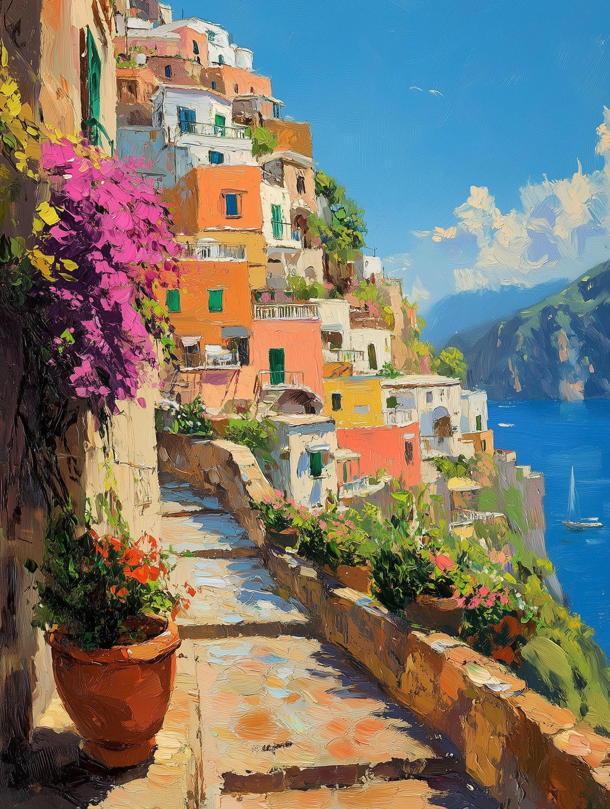 Painterly Positano canvas print with bougainvillea spilling over a staircase