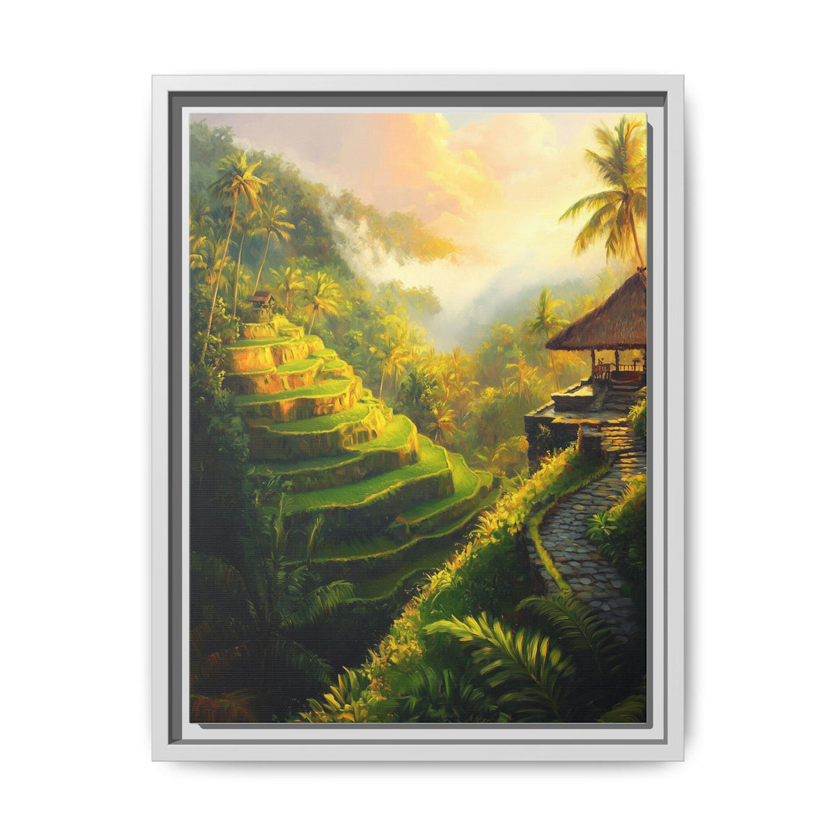 Bali wall art framed canvas print in a white wood frame