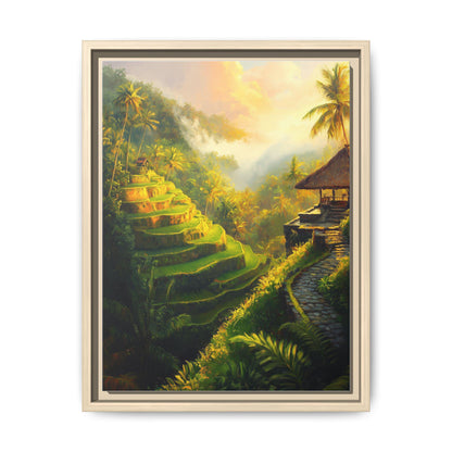 Bali wall art framed canvas print in a natural wood frame