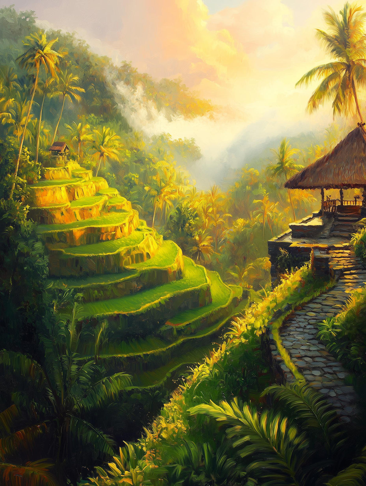 Painterly Indonesia canvas print of stepped paddy fields at golden hour