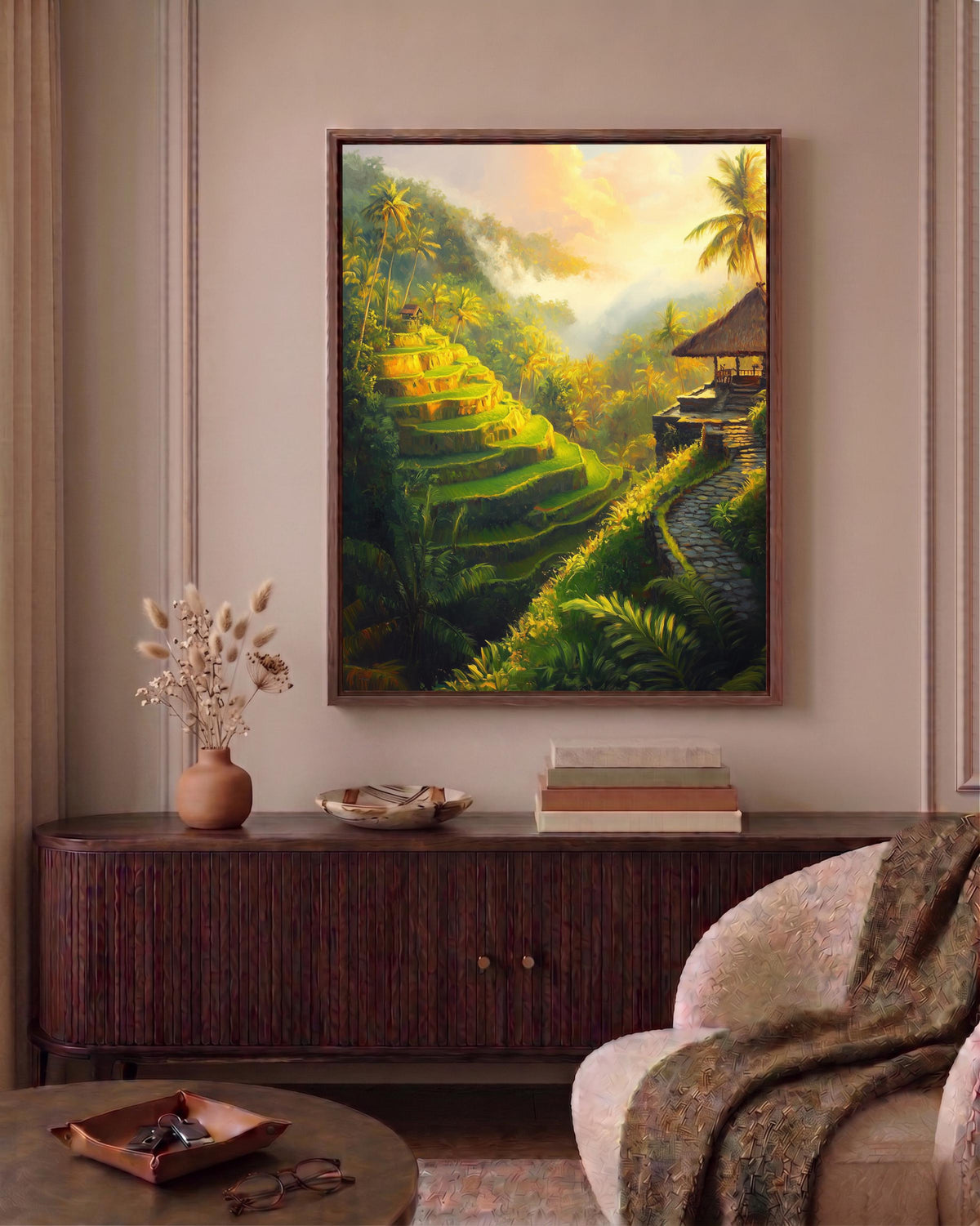 Oil-painting style tropical landscape in deep green and gold, made to order
