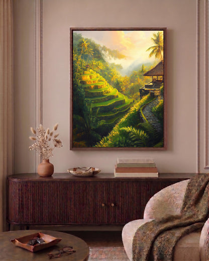 Oil-painting style tropical landscape in deep green and gold, made to order