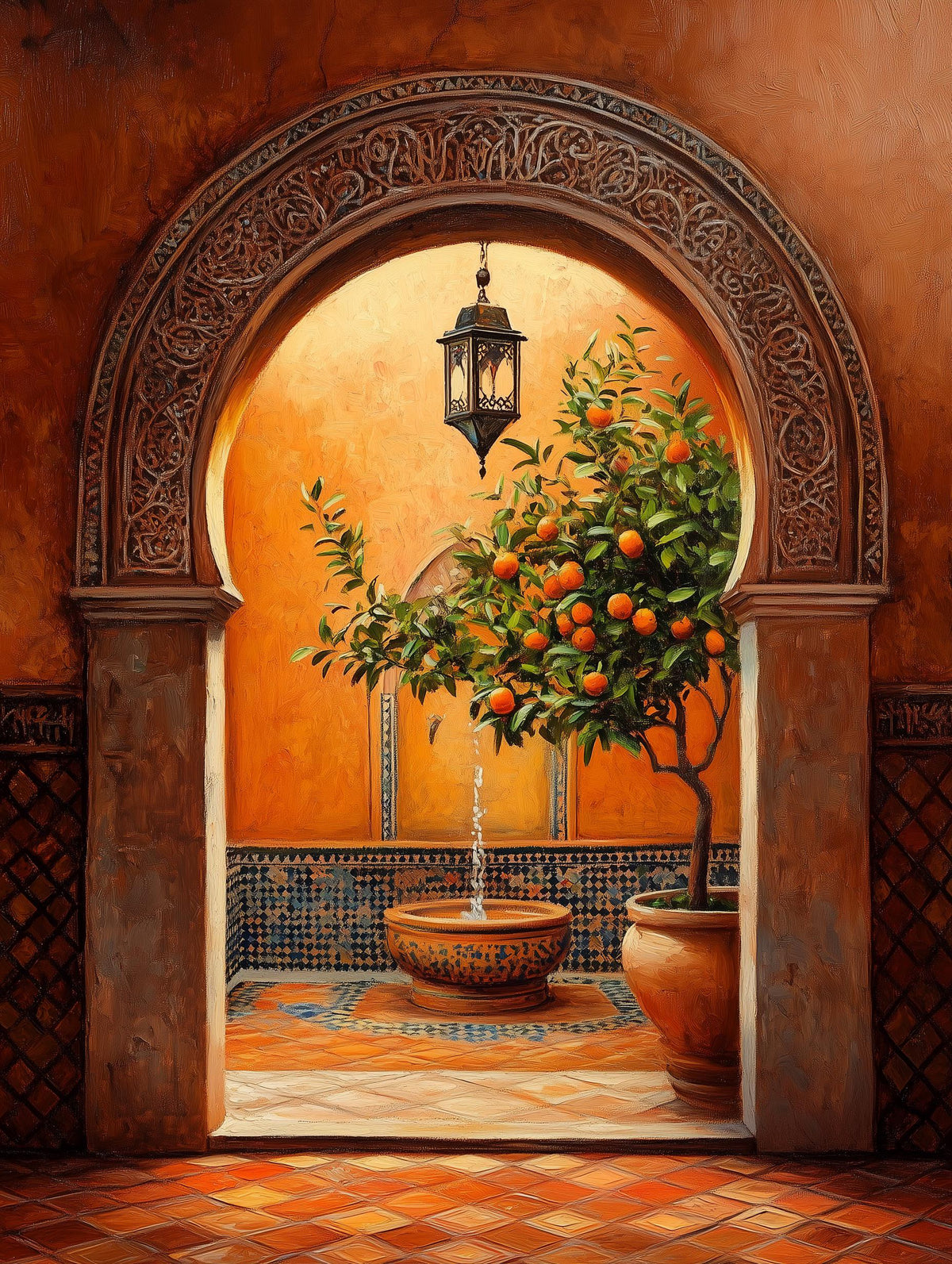 Painterly Morocco scene with lanterns lit and zellige tilework glowing