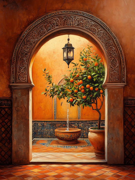 Painterly Morocco scene with lanterns lit and zellige tilework glowing