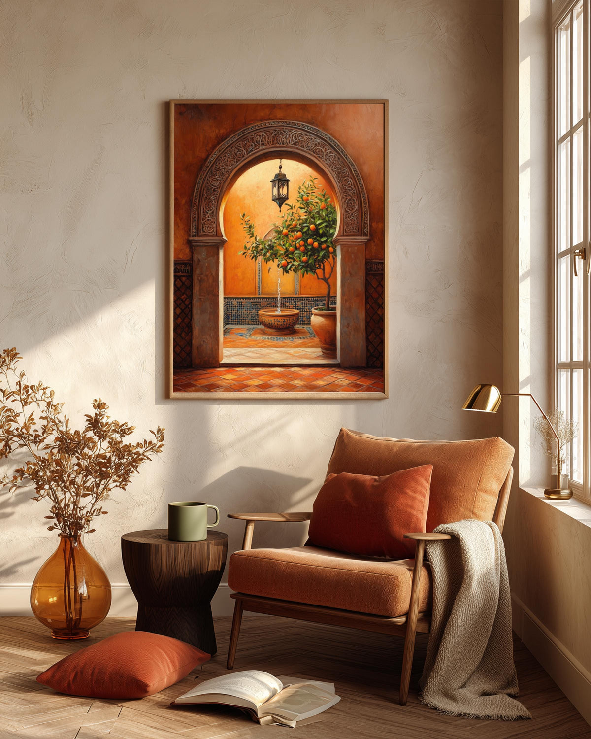 Oil-painting style travel art in saffron, rose and terracotta, ready to hang