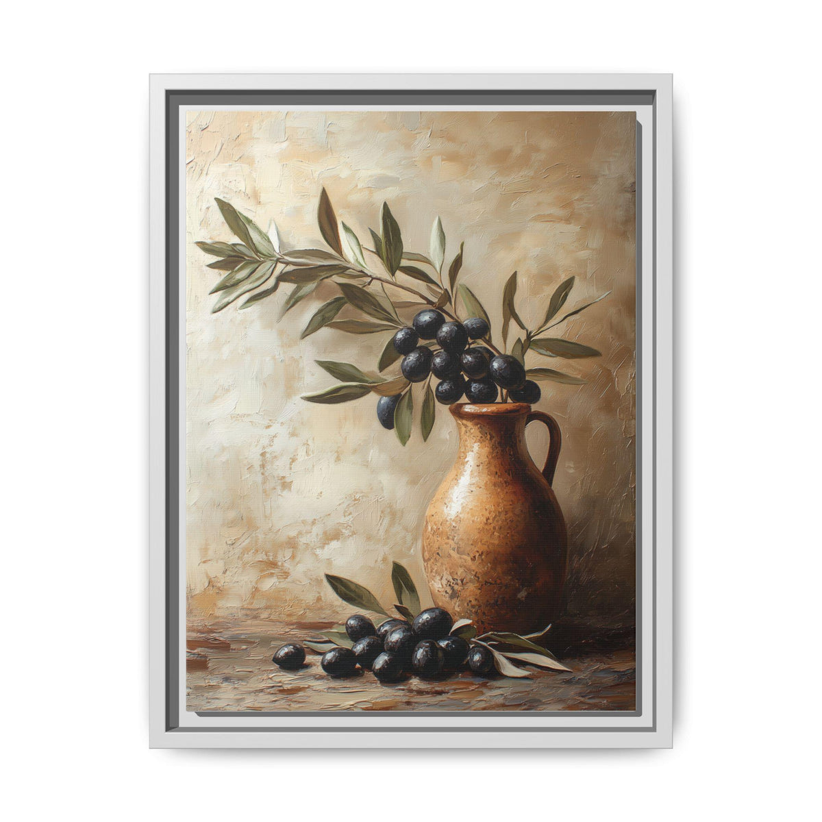Olive Branch wall art framed canvas print in a white wood frame