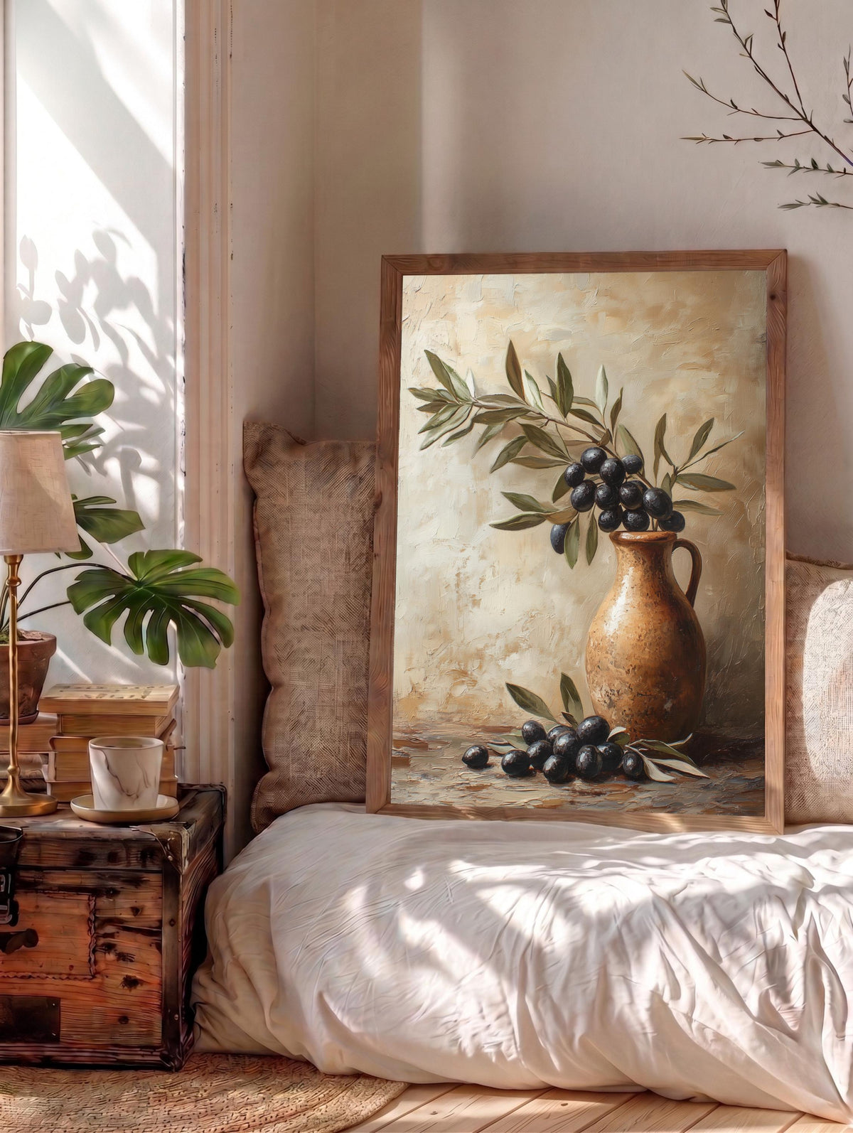 Tuscan still life framed canvas, hand-framed in solid wood and ready to hang