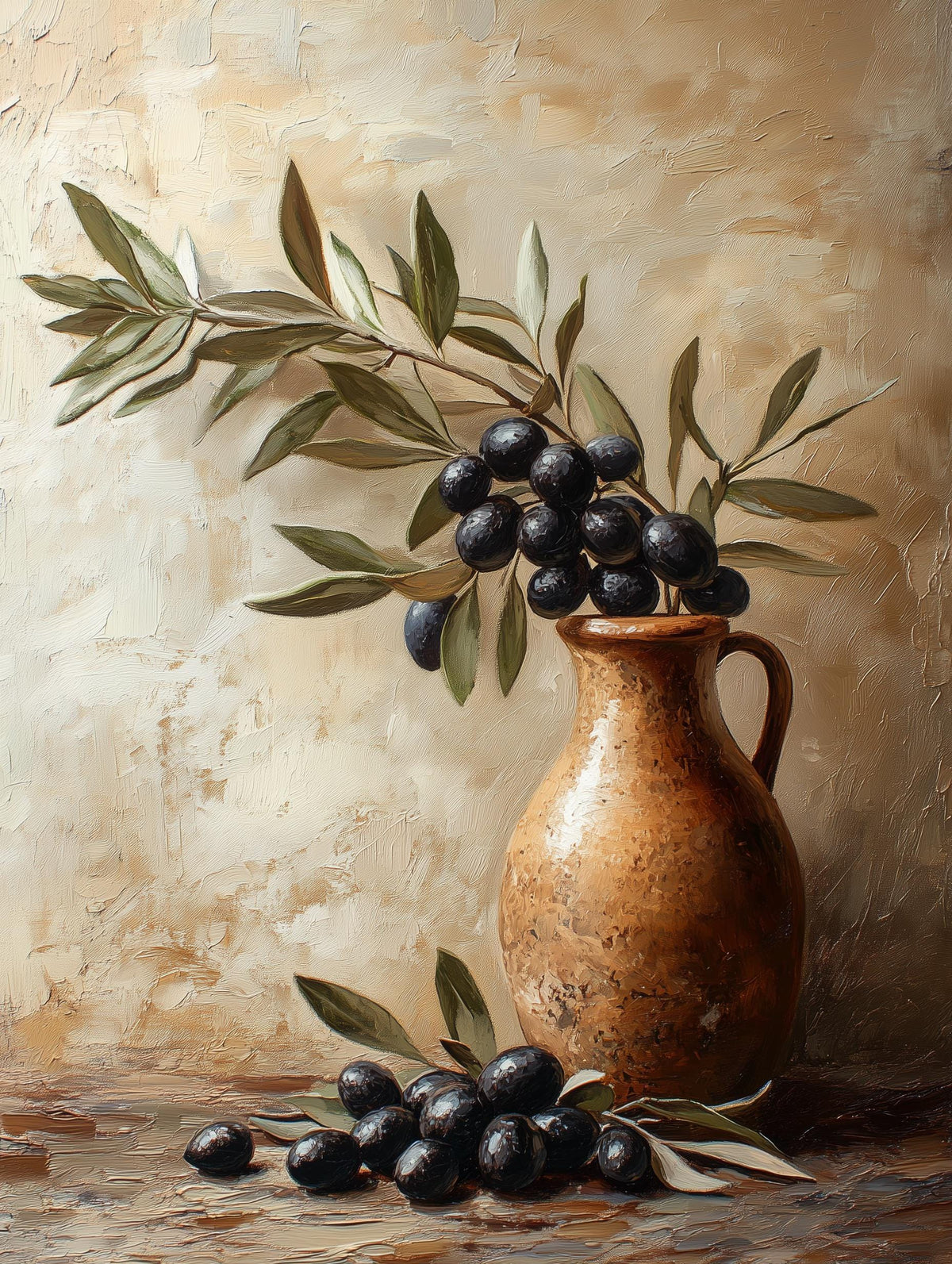 Painterly olive branch canvas print in warm Mediterranean greens and ochre