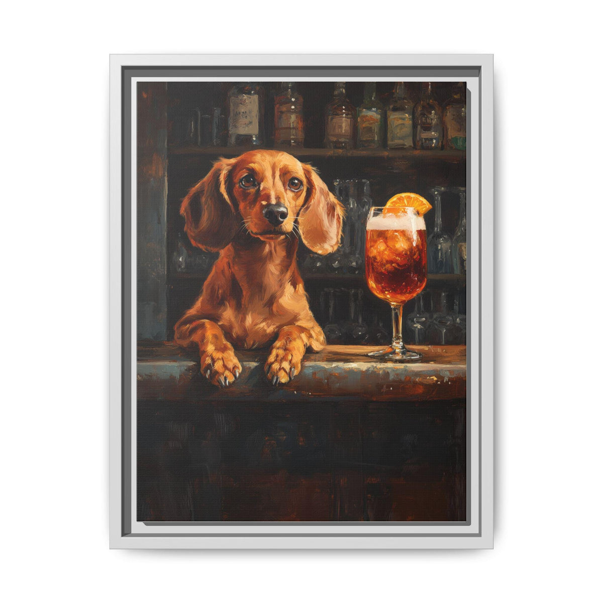 Dachshund wall art framed canvas print in a white wood frame