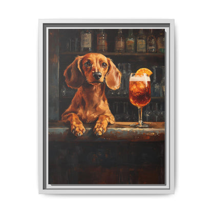 Dachshund wall art framed canvas print in a white wood frame
