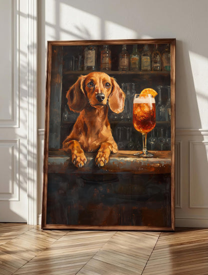 Dachshund wall art: a long-haired dachshund stretched along a dark Italian bar counter