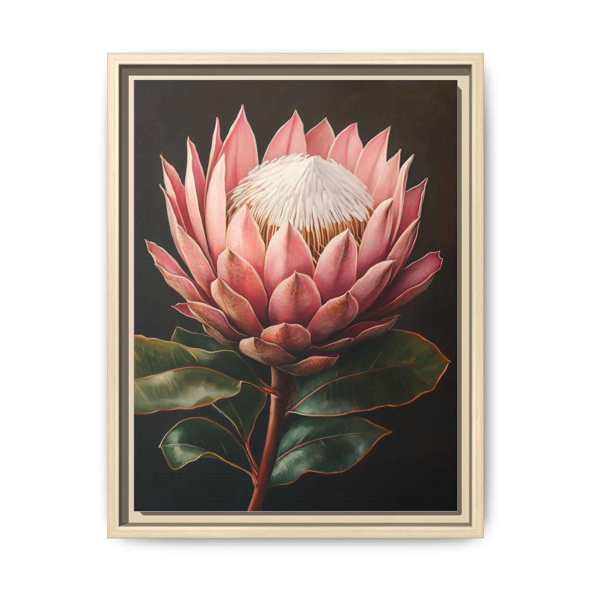 King Protea wall art framed canvas print in a natural wood frame