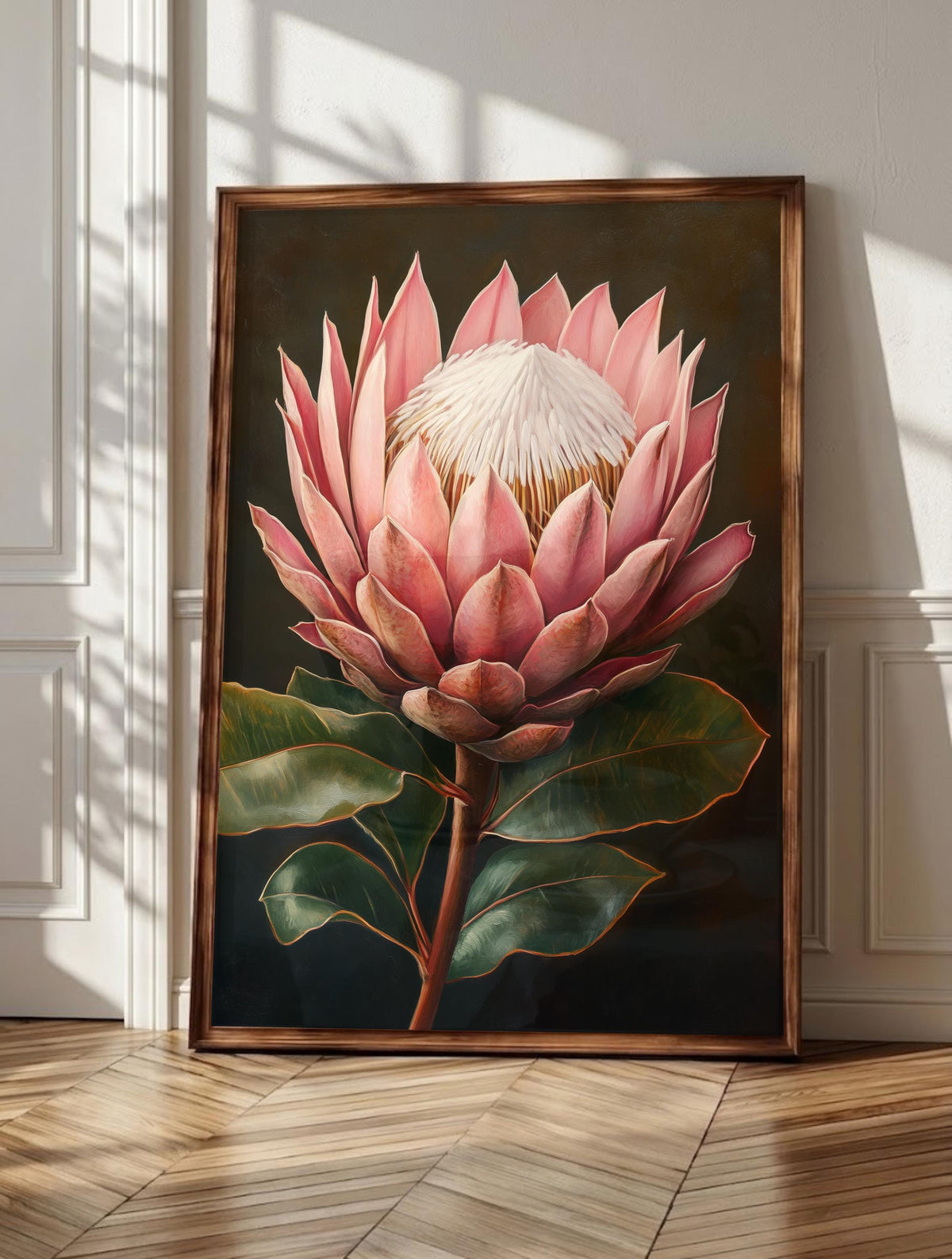 King Protea wall art: a single bloom opening in dusty rose and cream