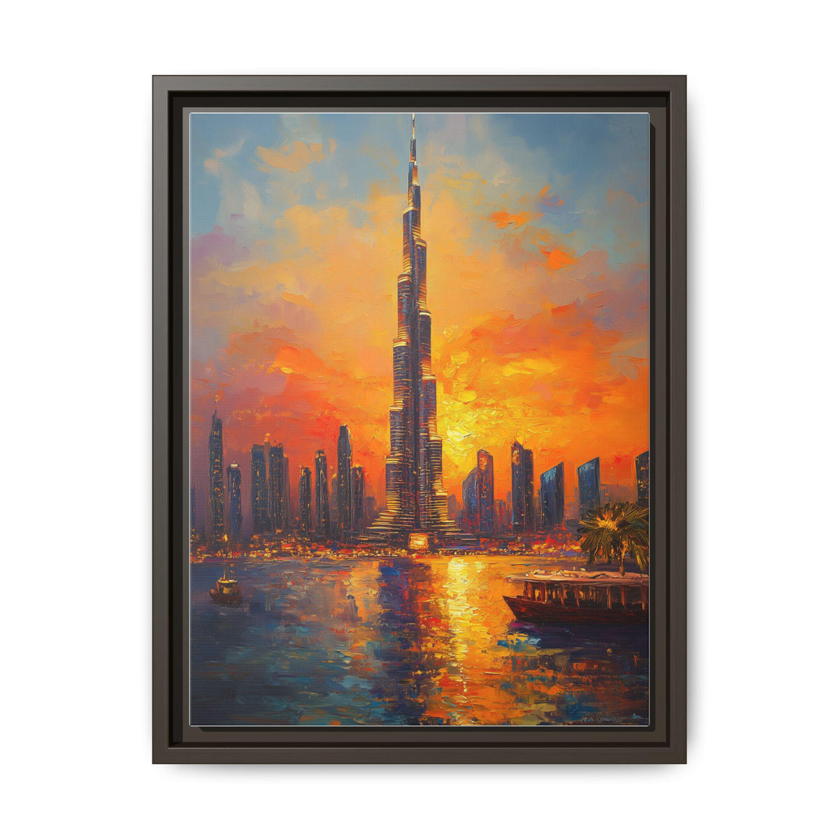 Dubai wall art framed canvas print in an espresso wood frame