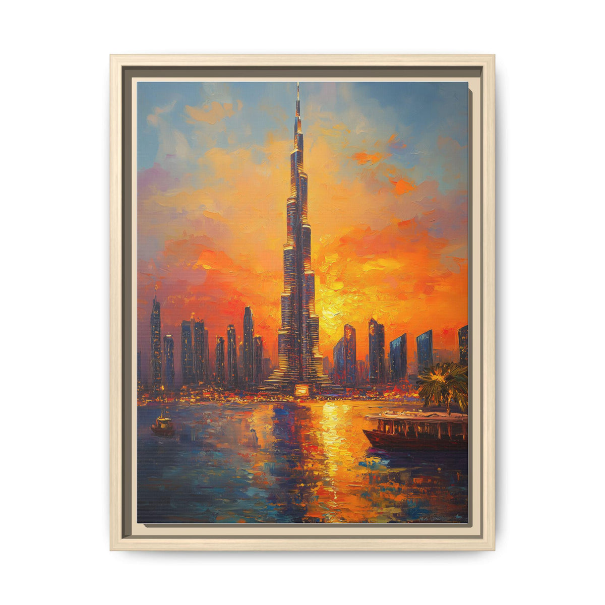 Dubai wall art framed canvas print in a natural wood frame
