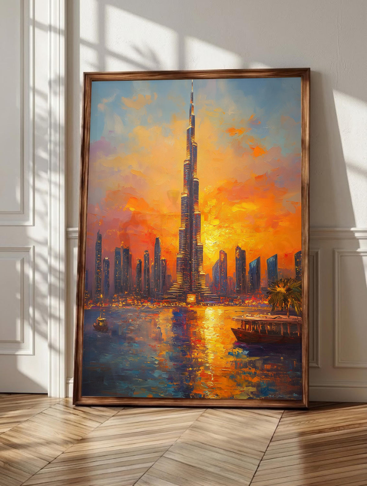 Dubai wall art: the Burj Khalifa rising through a golden-hour haze over the city
