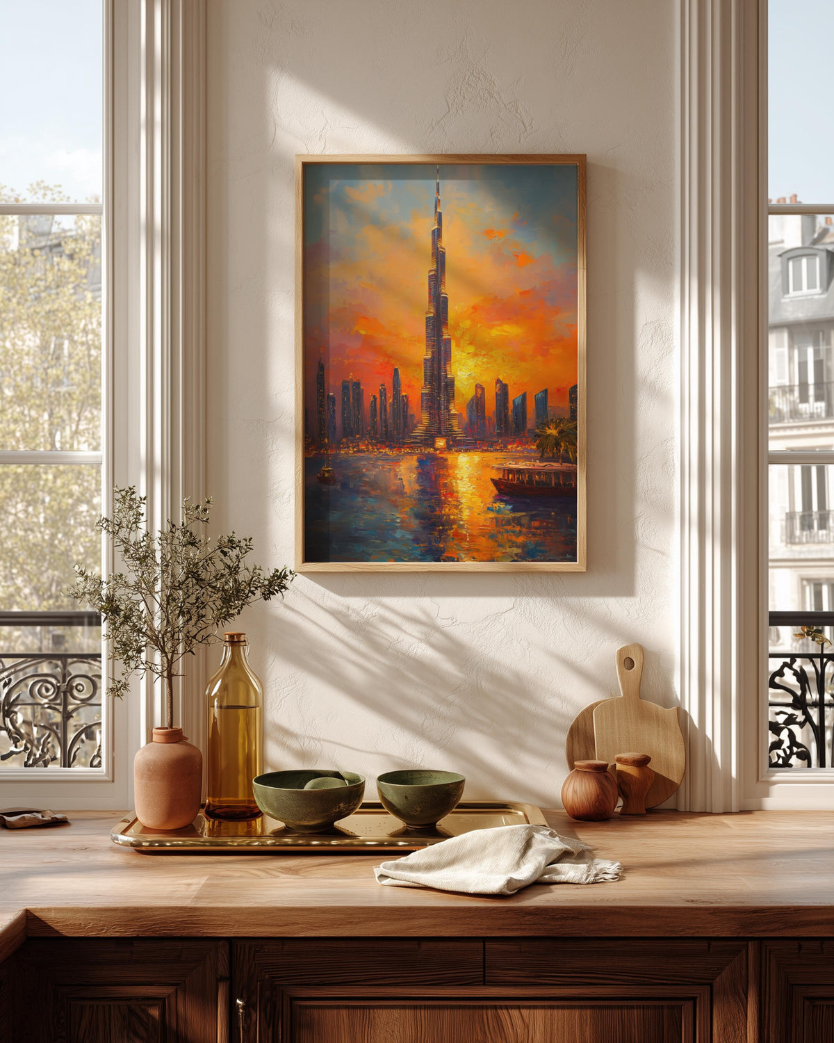 Oil-painting style UAE skyline printed on cotton canvas, made to order