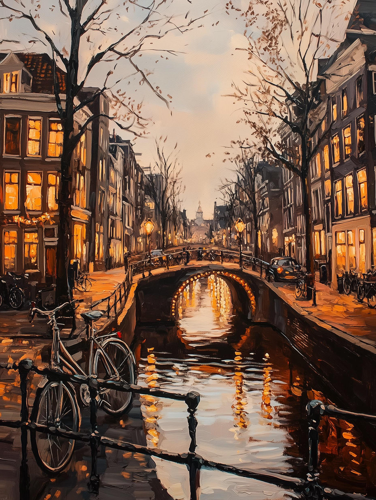 Painterly Amsterdam canvas print with a bicycle leaning at the canal railing