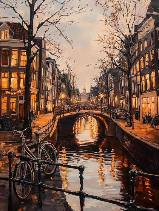 Painterly Amsterdam canvas print with a bicycle leaning at the canal railing