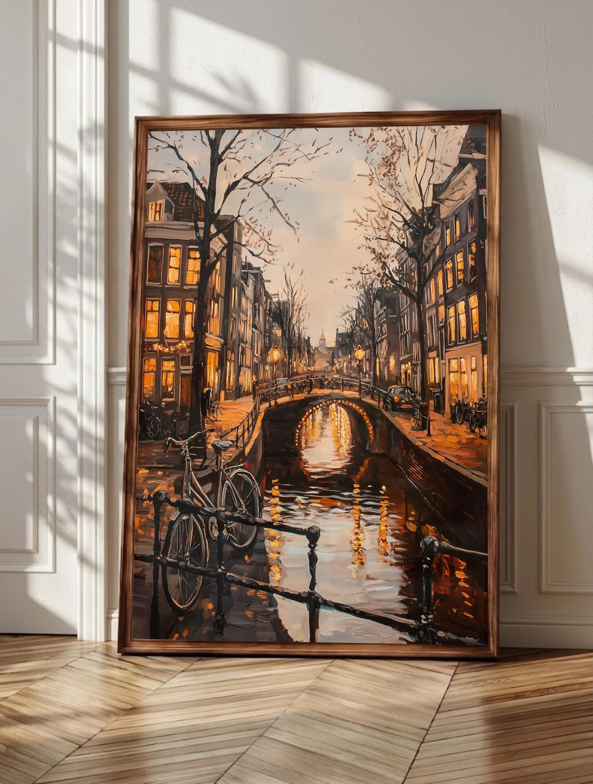 Amsterdam wall art: amber canal houses along a narrow Dutch waterway, framed canvas print