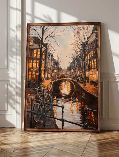 Amsterdam wall art: amber canal houses along a narrow Dutch waterway, framed canvas print