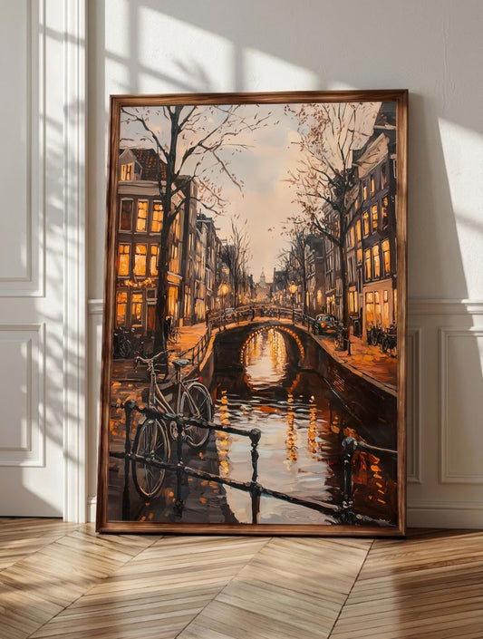 Amsterdam wall art: amber canal houses along a narrow Dutch waterway, framed canvas print
