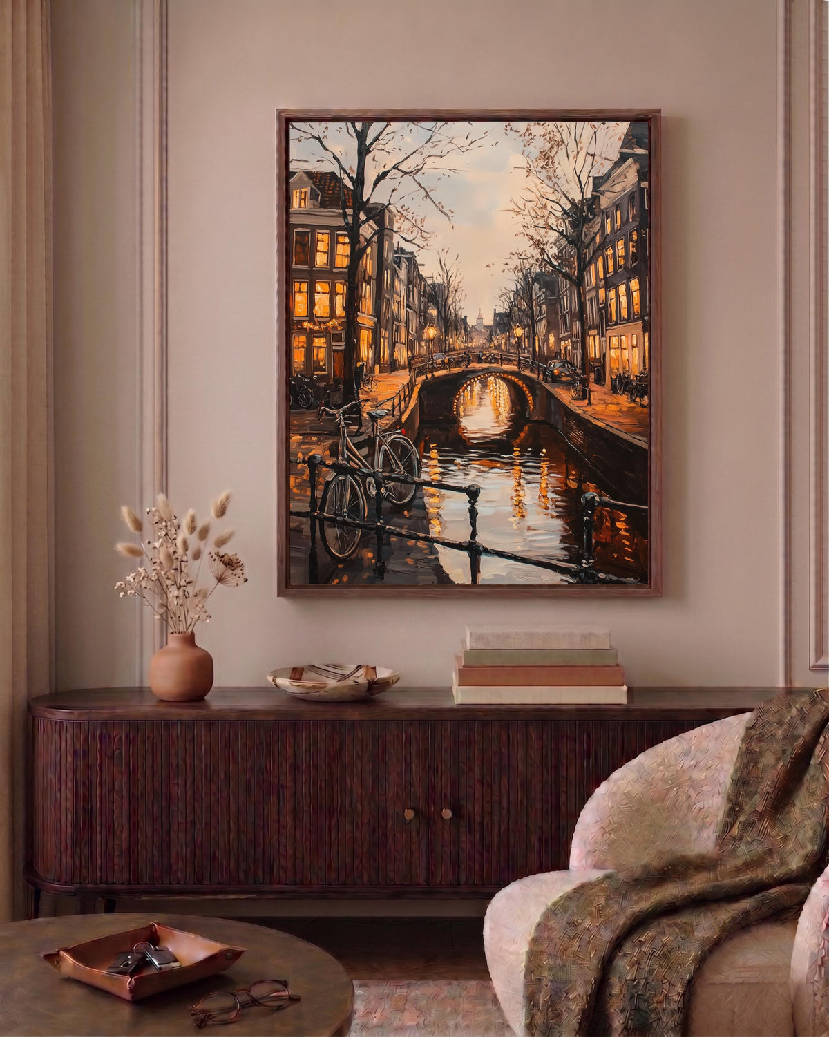 Oil-painting style Amsterdam waterfront printed on cotton canvas, made to order