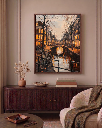 Oil-painting style Amsterdam waterfront printed on cotton canvas, made to order