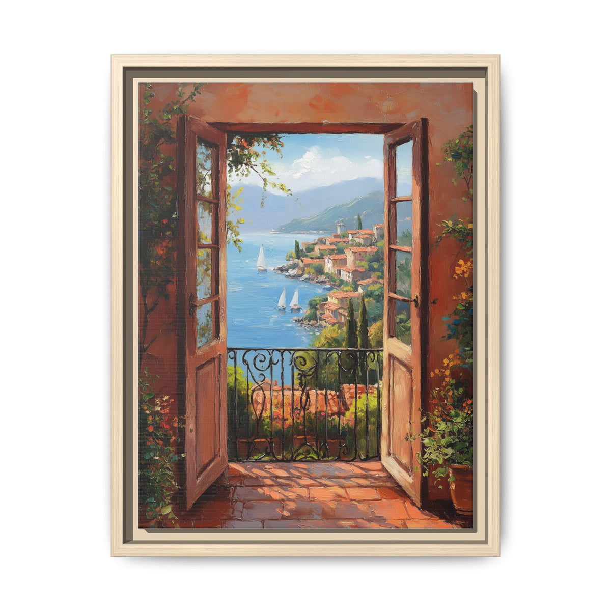 Open Window wall art framed canvas print in a natural wood frame