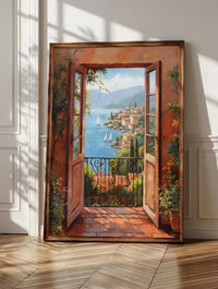 Open window wall art: a balcony railing and bright blue sea framed by the casement
